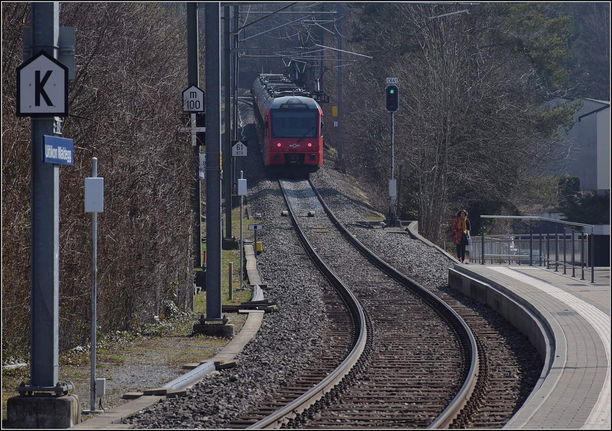 Mehrsystemtriebzug mit verschiebbarem Stromabnehmer Be 552 516 und davor Be 556 515 der SZU verlassen Uitikon-Waldegg. März 2022.