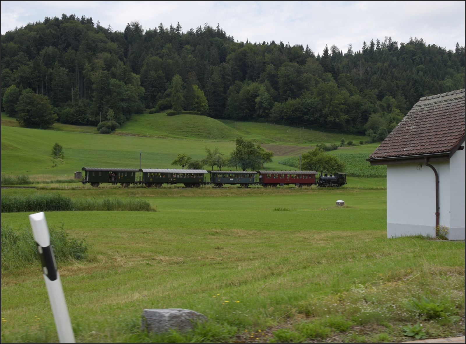 Fahrtag im Zürcher Oberland. Ed 3/3 401 der UeBB bei Bussenthal. Juli 2023.