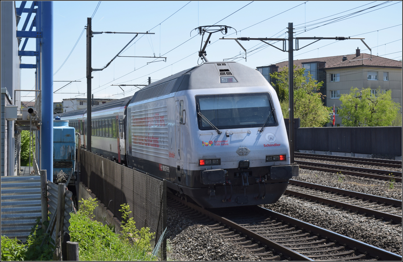 Re 460 061 mit Schindler-Werbung in Dulliken. Mai 2024.