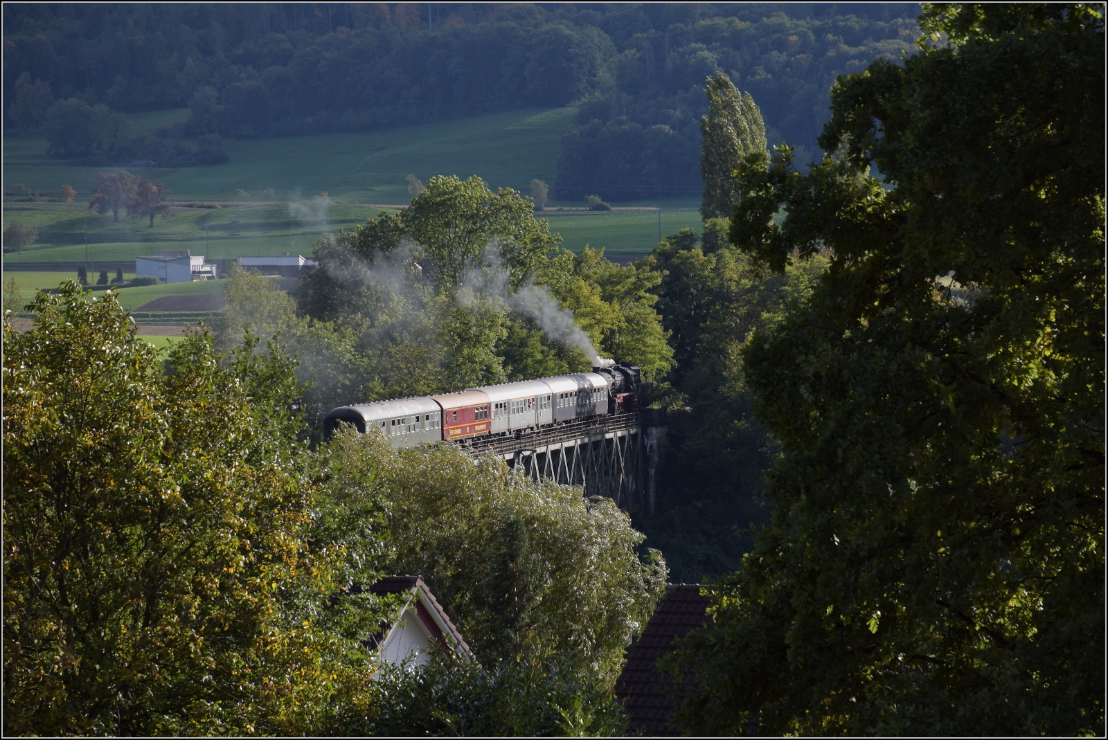 Schienenverkehr am Schienerberg. 

52 7596 mit ihrem EFZ-Sonderzug für die SEHR&RS auf der Rheinbrücke bei Hemishofen. Oktober 2022.
