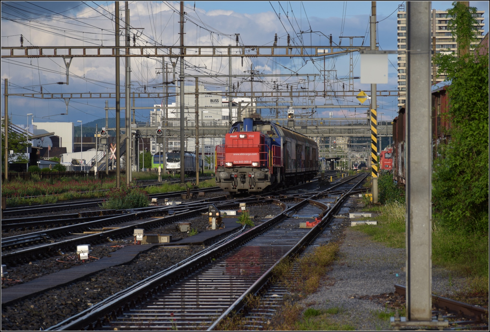 Schlechtwettertag in Pratteln. 

Ein Nahgüterzug mit Am 843 068 kommt die Hauensteinlinie entlanggefahren. Mai 2023.