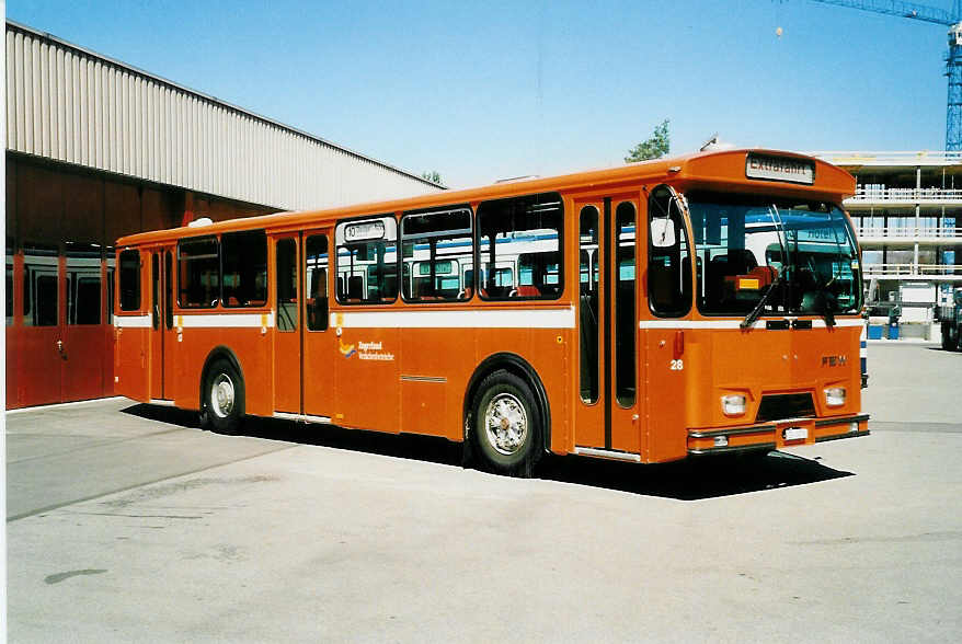 (040'028) - ZVB Zug - Nr. 28/ZG 3378 - FBW/Hess (ex Nr. 3) am 8. April 2000 in Zug, Garage