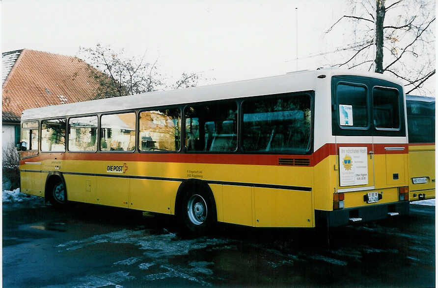 (051'604) - Engeloch, Riggisberg - Nr. 3/BE 447'406 - Mercedes/R&J (ex P 25'304) am 13. Januar 2002 in Riggisberg, Garage