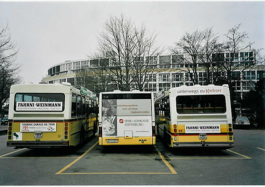 (058'716) - STI Thun - Nr. 58/BE 413'458 - Saurer/R&J + Nr. 87/BE 572'087 - MAN + Nr. 52/BE 396'552 - Saurer/R&J am 16. Februar 2003 bei der Schifflndte Thun