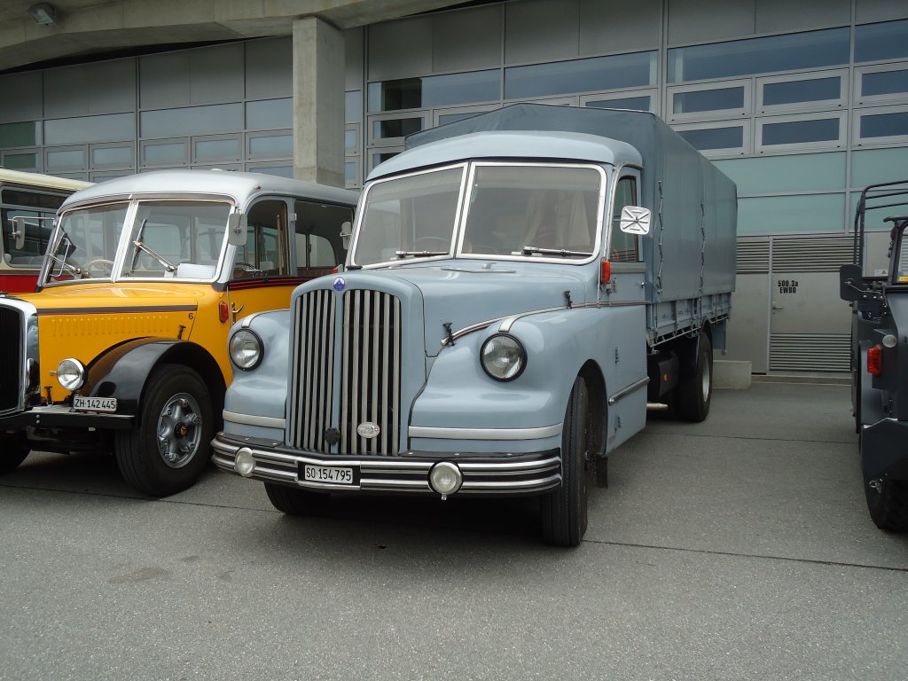 (129'944) - Saurer-Bus mit Lastwagenaufbau - SO 154'795 - am 18. September 2010 in Breil, Militranlage