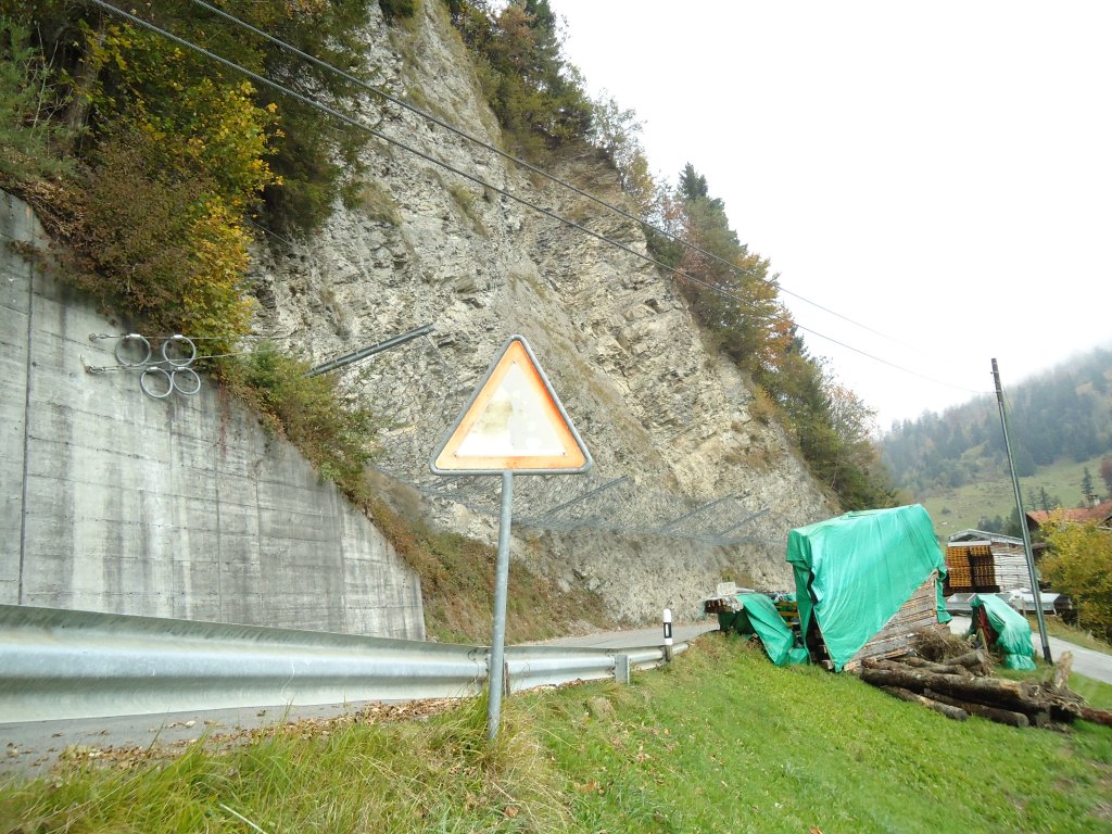 (130'316) - Im Frutigspissen Ladholz: Verblasstes Warnschild Achtung Steinschlag beim Felsen bei der Schmitte am 11. Oktober 2010