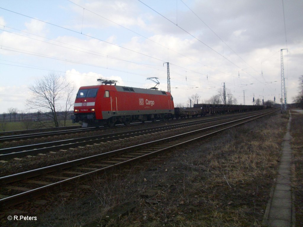 152 004 mit Stahlzug durch Saarmund. 11.03.11