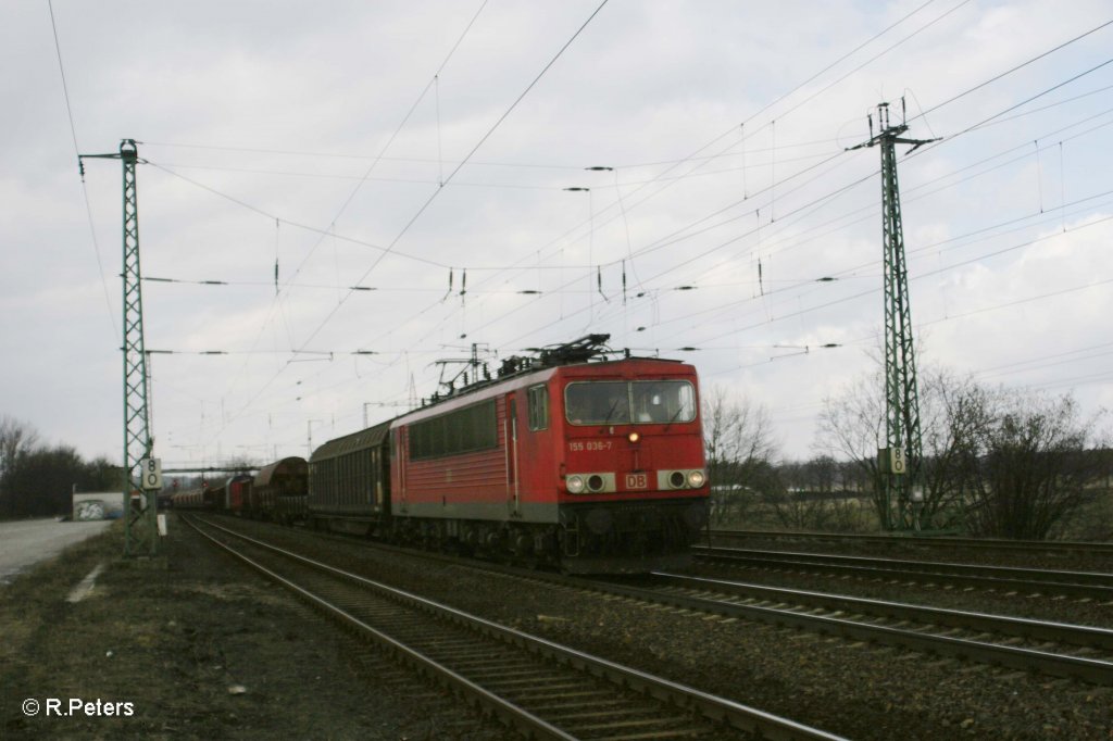 155 036-7 mit gemischten Gterzug in Saarmund. 11.03.11