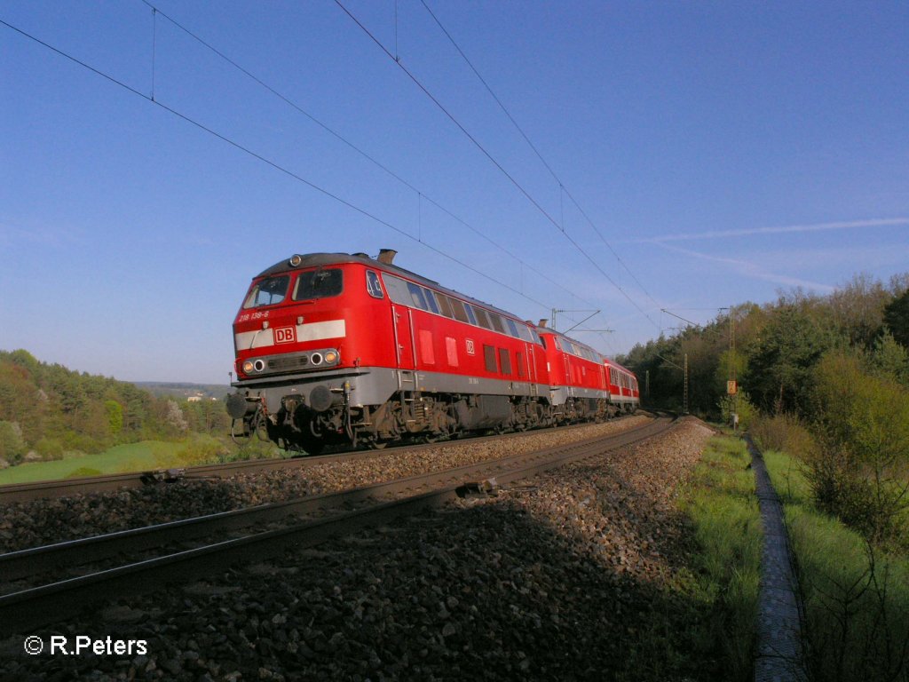 218 138-6 und 201-2 ziehen bei Edlhausen eine RB richtung Regensburg. 03.05.08