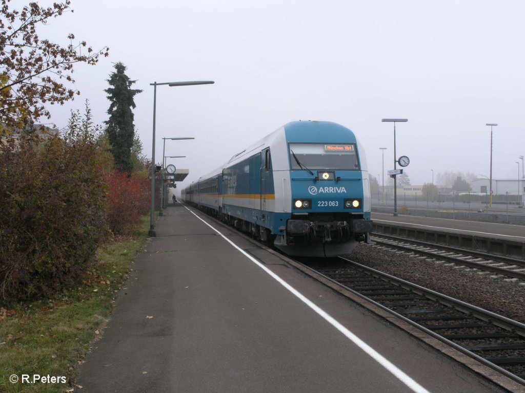 223 063 steht in Wiesau/Oberpfalz mit den ALX37979 nach Mnchen. 1.11.09
