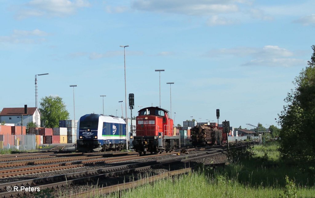 Treffen von 2 verschiedenen Holztransportzgen.... 223 152 mit Container im ATW und 294 753-9 beim Umsetzen von bergabezug 56960 Marktredwitz - ATW Wiesau. 05.06.13