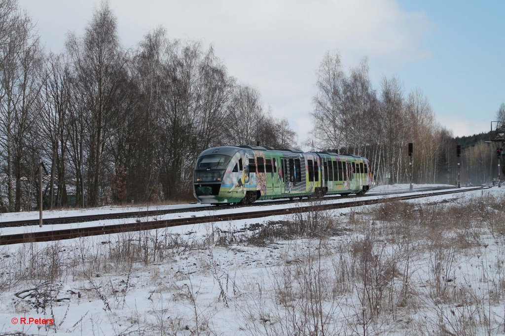 VT04 nochmal als VBG20874 nach Marktredwitz bei der Einfahrt in Arzberg. 21.02.13