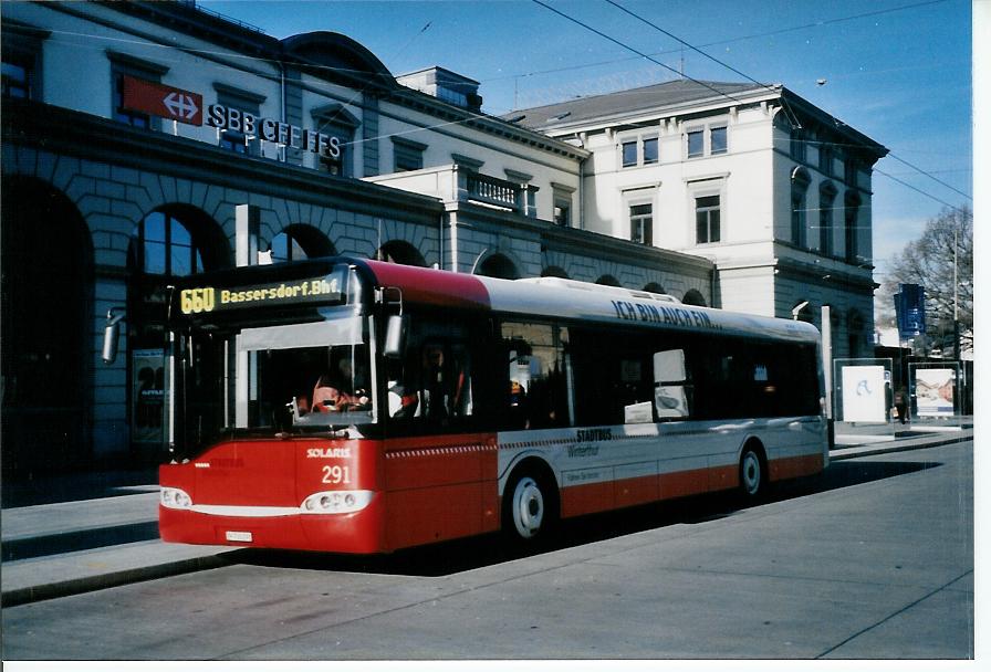 (103'811) - SW Winterthur - Nr. 291/ZH 730'291 - Solaris am 28. Januar 2008 beim Hauptbahnhof Winterthur