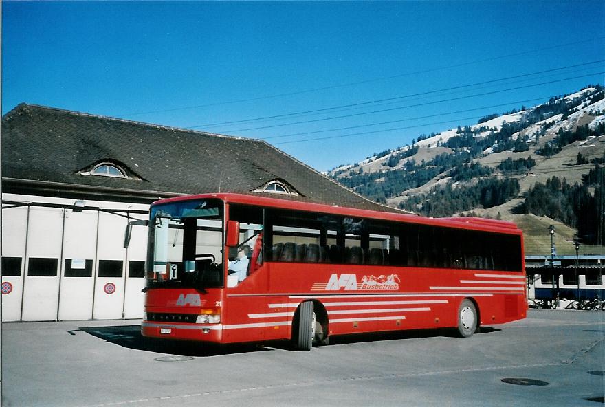 (104'634) - AFA Adelboden - Nr. 21/BE 26'707 - Setra (ex Nr. 7) am 24. Februar 2008 beim Bahnhof Frutigen