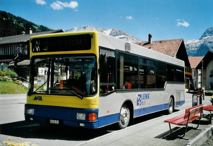 (109'024) - AFA Adelboden - Nr. 51/BE 539'151 - MAN (ex BAM Morges Nr. 5) am 10. Juli 2008 beim Bahnhof Lenk