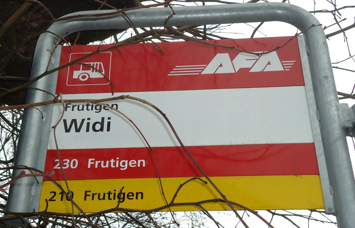 (130'993) - AFA/PostAuto-Haltestellenschild - Frutigen, Widi - am 15. November 2010