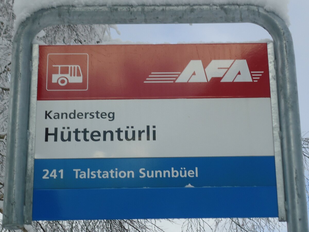 (131'683) - AFA-Haltestellenschild - Kandersteg, Httentrli - am 26. Dezember 2010