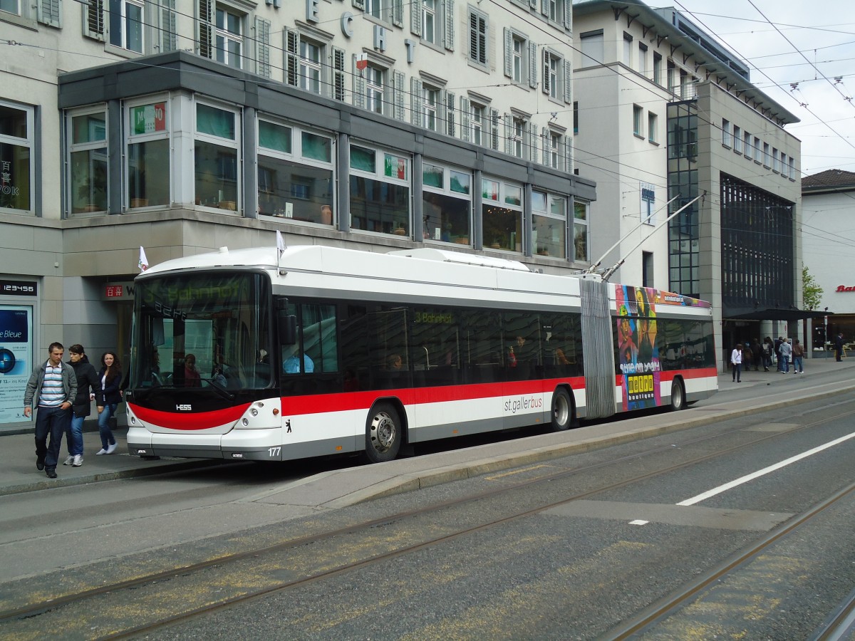 (133'251) - St. Gallerbus, St. Gallen - Nr. 177 - Hess/Hess Gelenktrolleybus am 13. April 2011 in St. Gallen, Marktplatz