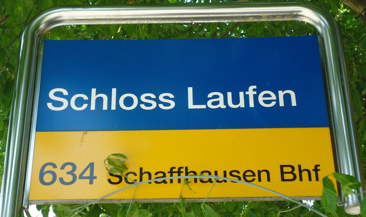 (133'795) - PostAuto-Haltestellenschild - Neuhausen, Schloss Laufen - am 23. Mai 2011