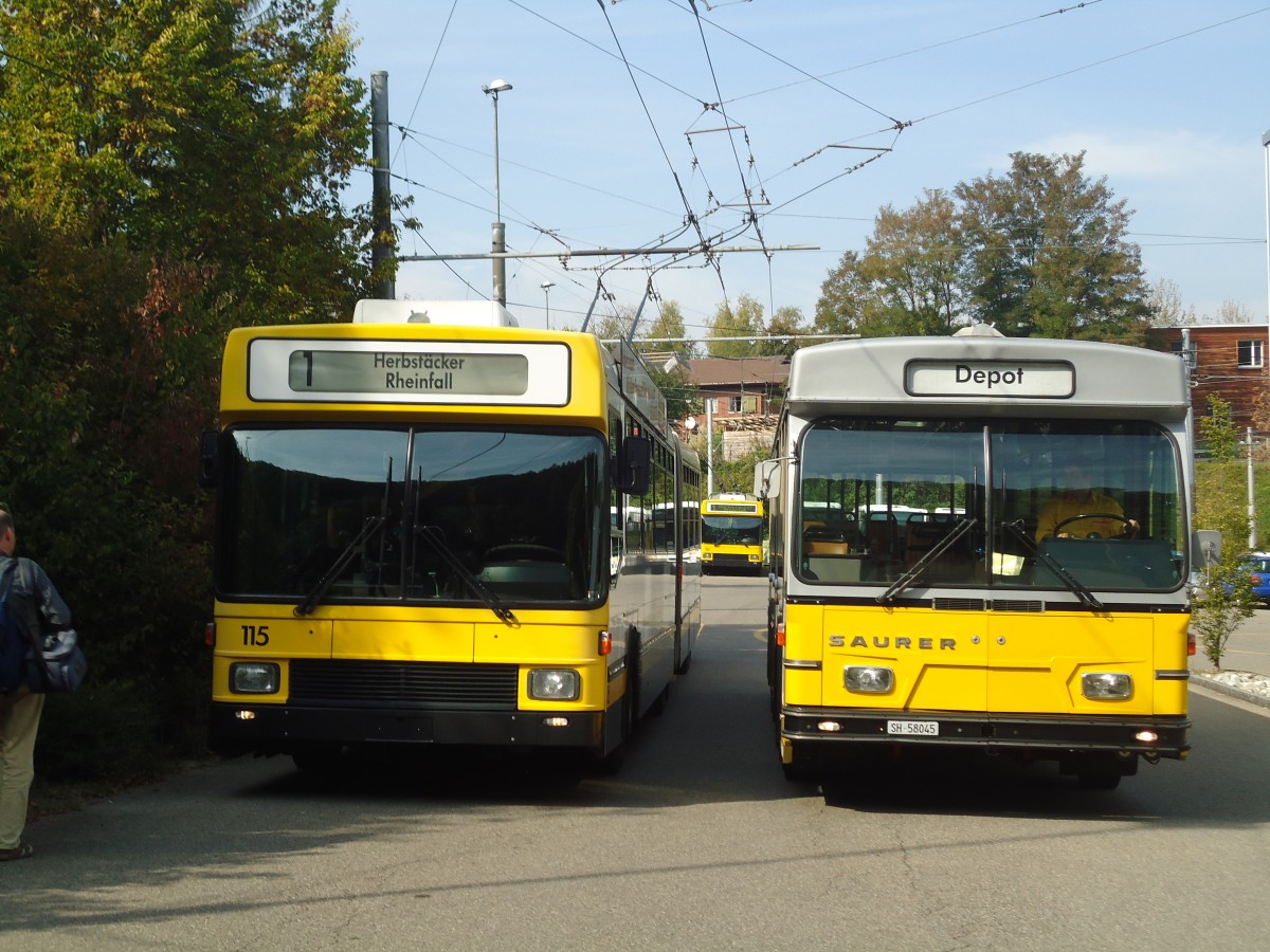 (136'149) - VBSH Schaffhausen - Nr. 115 - NAW/Hess Gelenktrolleybus + Wanner, Schleitheim - SH 58'045 - Saurer/Hess (ex Ruklic, Schaffhausen; ex VBSH Schaffhausen Nr. 40; ex VBSH Schaffhausen Nr. 19) am 25. September 2011 in Schaffhausen, Busdepot