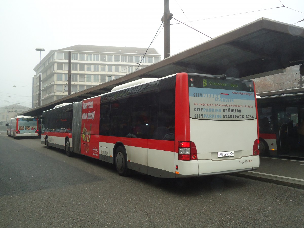 (136'906) - St. Gallerbus, St. Gallen - Nr. 287/SG 198'287 - MAN am 23. November 2011 beim Bahnhof St. Gallen