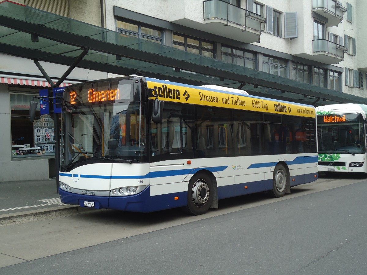 (137'978) - ZVB Zug - Nr. 136/ZG 88'136 - Solaris am 6. Mrz 2012 beim Bahnhof Zug