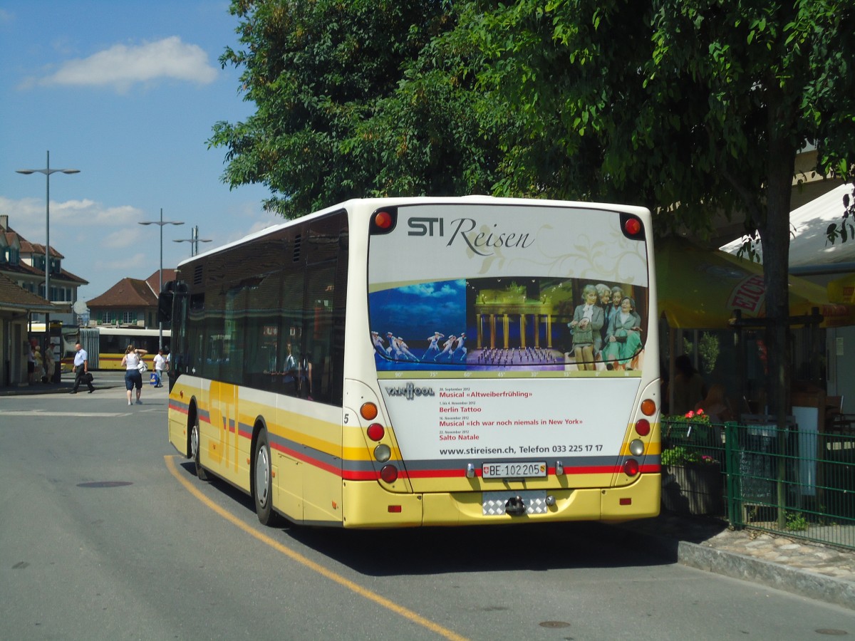 (141'064) - STI Thun - Nr. 5/BE 102'205 - Van Hool (ex Moser, Teuffenthal; ex Burri, Teuffenthal) am 10. August 2012 bei der Schifflndte Thun