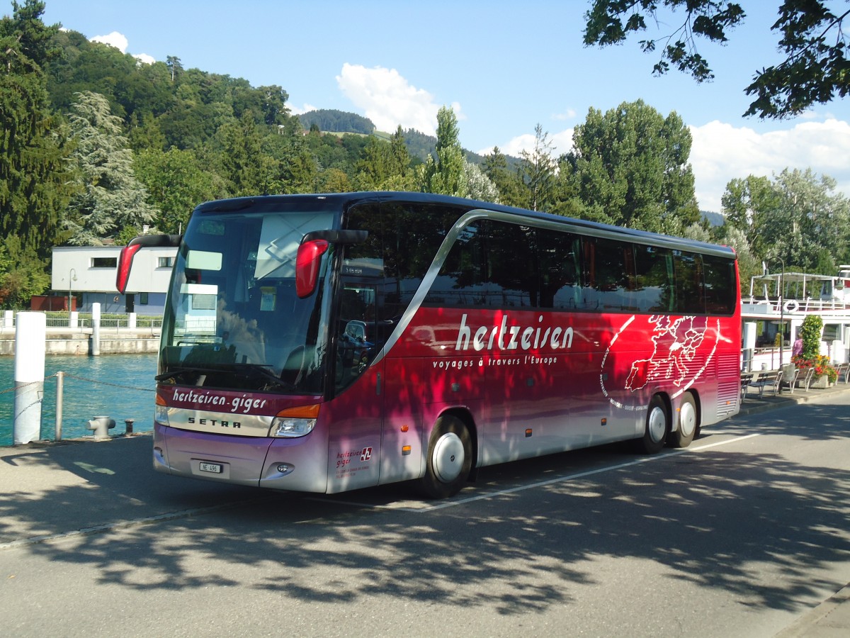 (141'135) - Giger, La Chaux-de-Fonds - NE 496 - Setra am 15. August 2012 bei der Schifflndte Thun