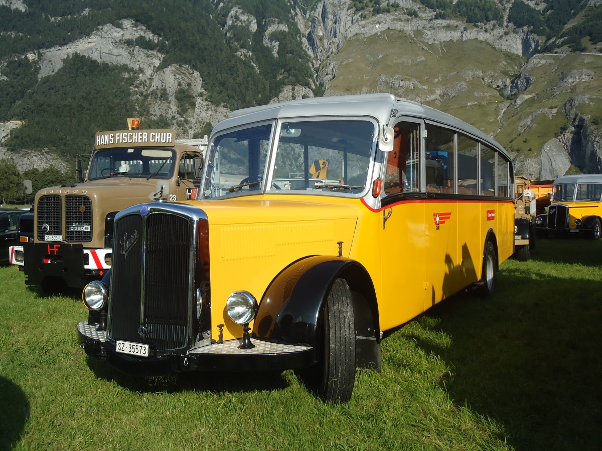 (141'615) - Kiener, Steinen - SZ 35'573 - Saurer/Eggli (ex Marti, Luzern; ex P 23'095; ex P 2147) am 15. September 2012 in Chur, Waffenplatz