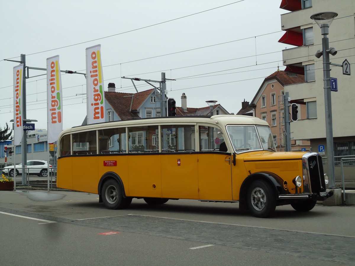 (143'711) - Baumgartner, Horn - Nr. 4/SG 112'580 - Saurer/Saurer (ex Nr. 2; ex Mckli, Basadingen; ex Diverse Besitzer; ex OAK Wangen a.A. Nr. 10; ex P 23'082; ex P 2134) am 20. April 2013 beim Bahnhof Goldach