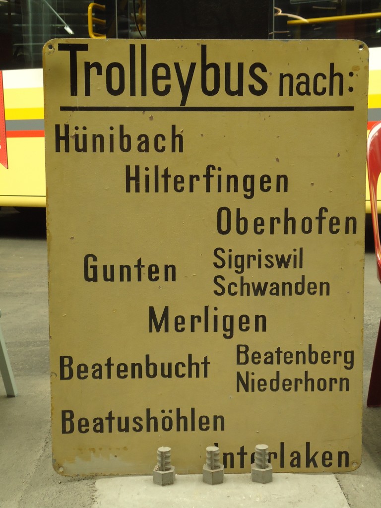 (145'123) - Alte STI-Tafel fr  Trolleybus nach:  am 16. Juni 2013 in Thun, Garage