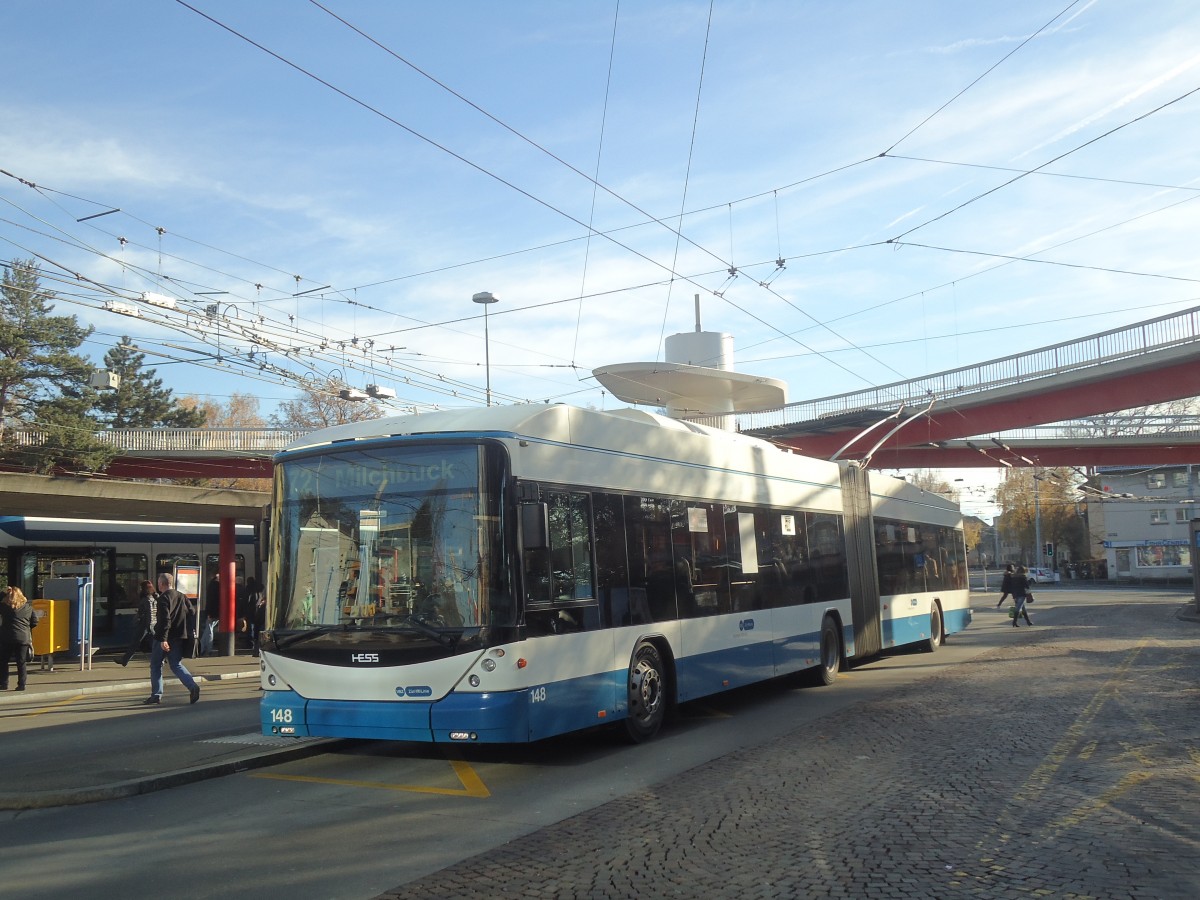 (148'266) - VBZ Zrich - Nr. 148 - Hess/Hess Gelenktrolleybus am 9. Dezember 2013 in Zrich, Bucheggplatz