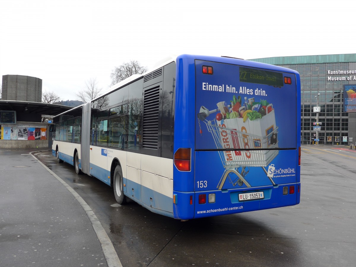 (148'922) - VBL Luzern - Nr. 153/LU 15'053 - Mercedes am 16. Februar 2014 beim Bahnhof Luzern