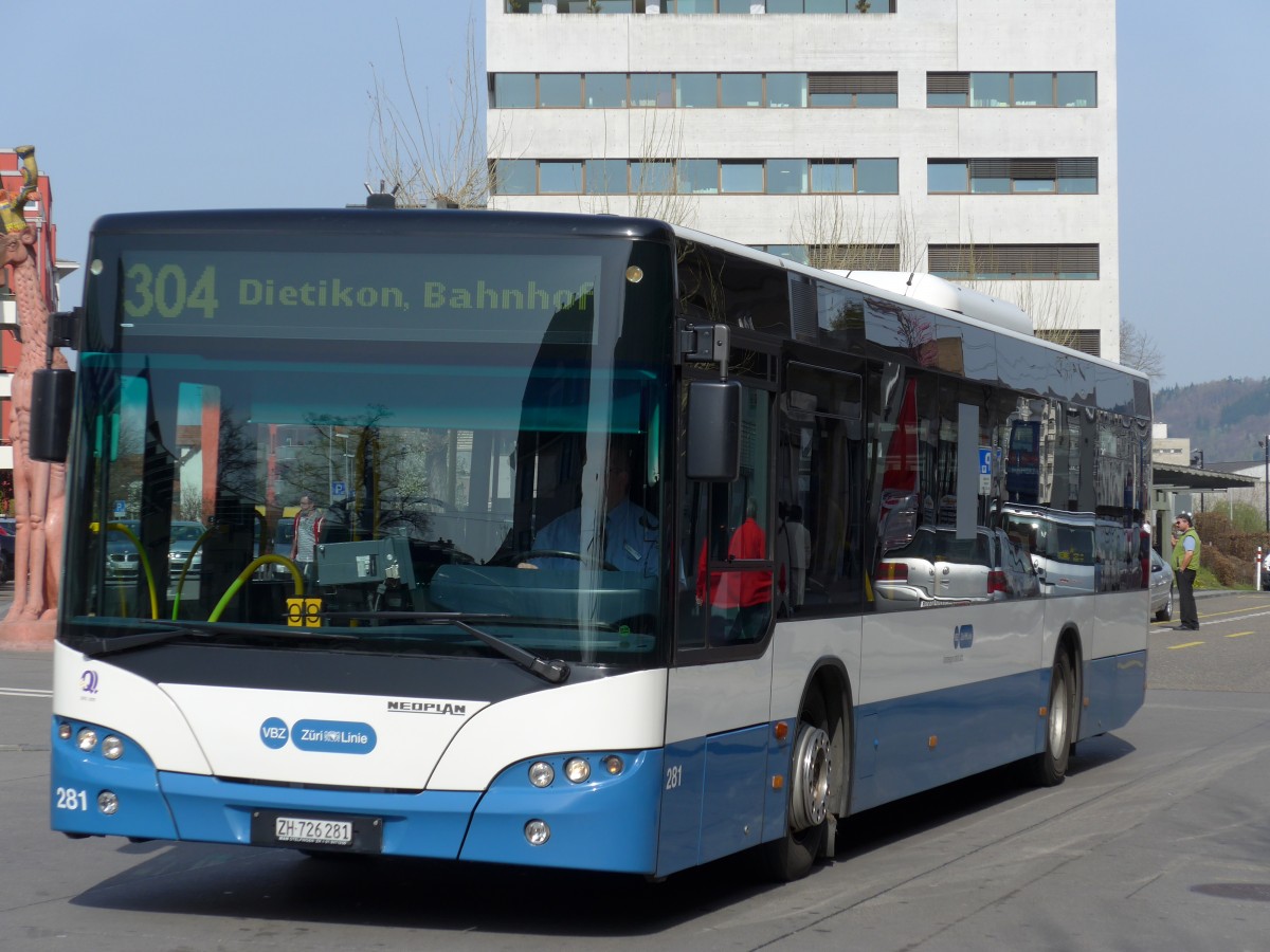 (149'453) - VBZ Zrich - Nr. 281/ZH 726'281 - Neoplan am 31. Mrz 2014 beim Bahnhof Dietikon