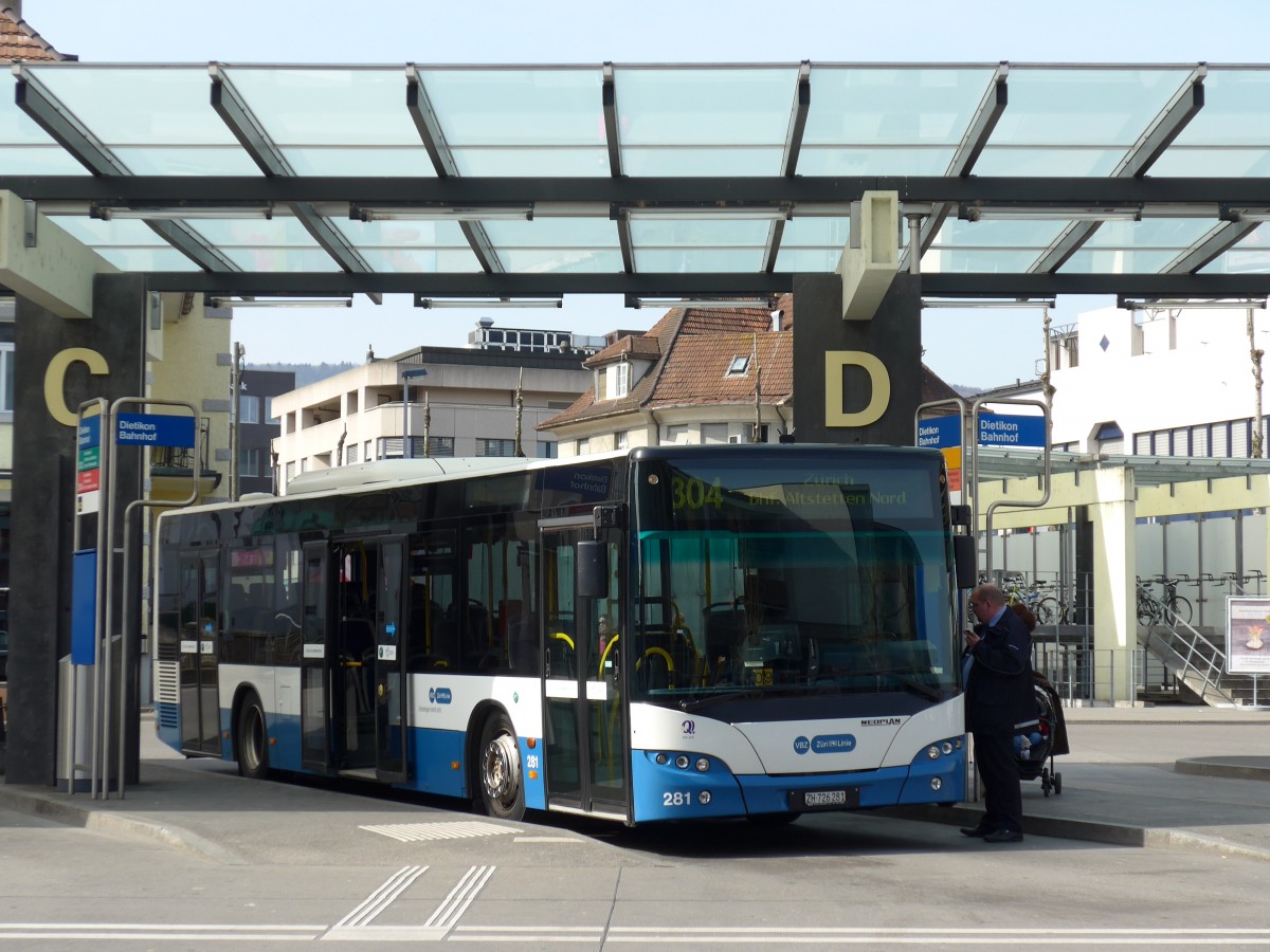 (149'455) - VBZ Zrich - Nr. 281/ZH 726'281 - Neoplan am 31. Mrz 2014 beim Bahnhof Dietikon