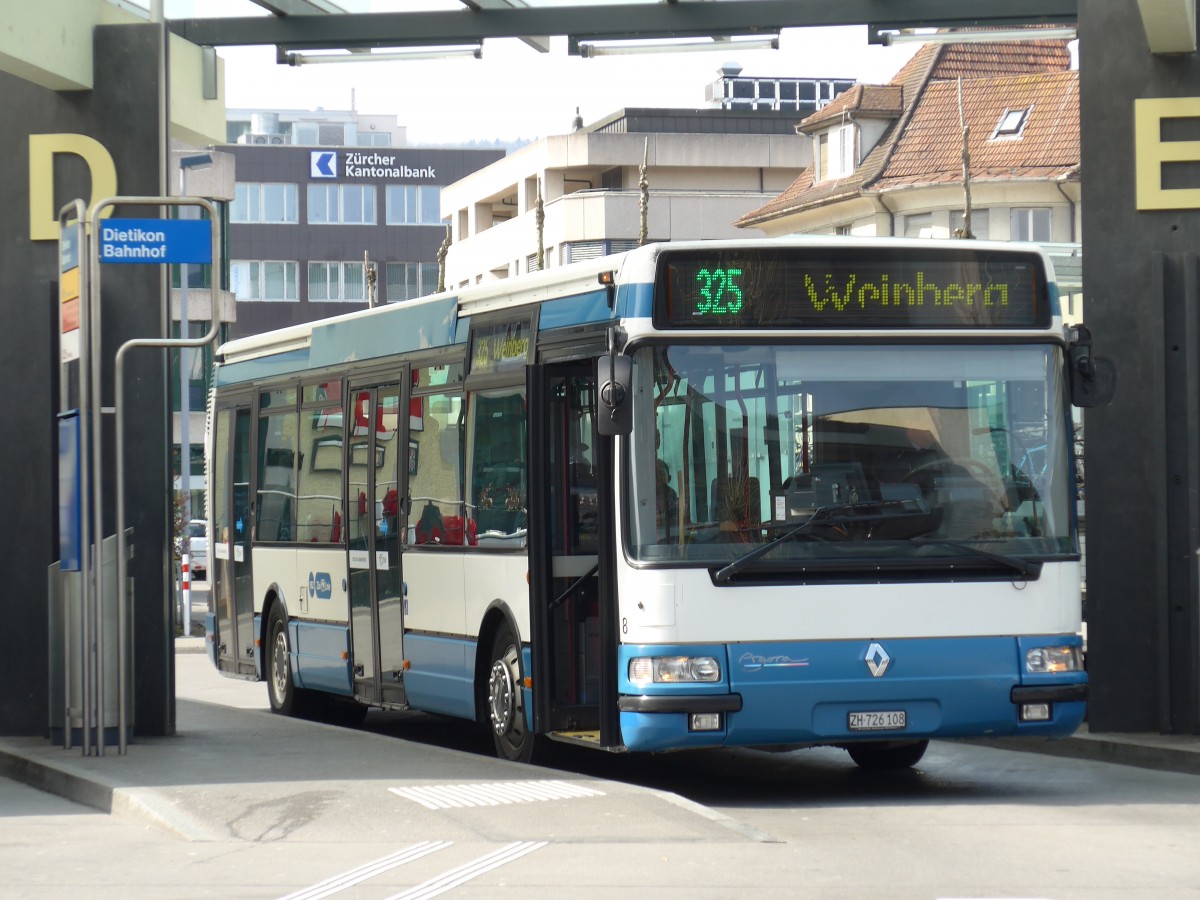 (149'470) - Limmat Bus, Dietikon - Nr. 8/ZH 726'108 - Renault (ex Hrzeler, Dietikon Nr. 32) am 31. Mrz 2014 beim Bahnhof Dietikon