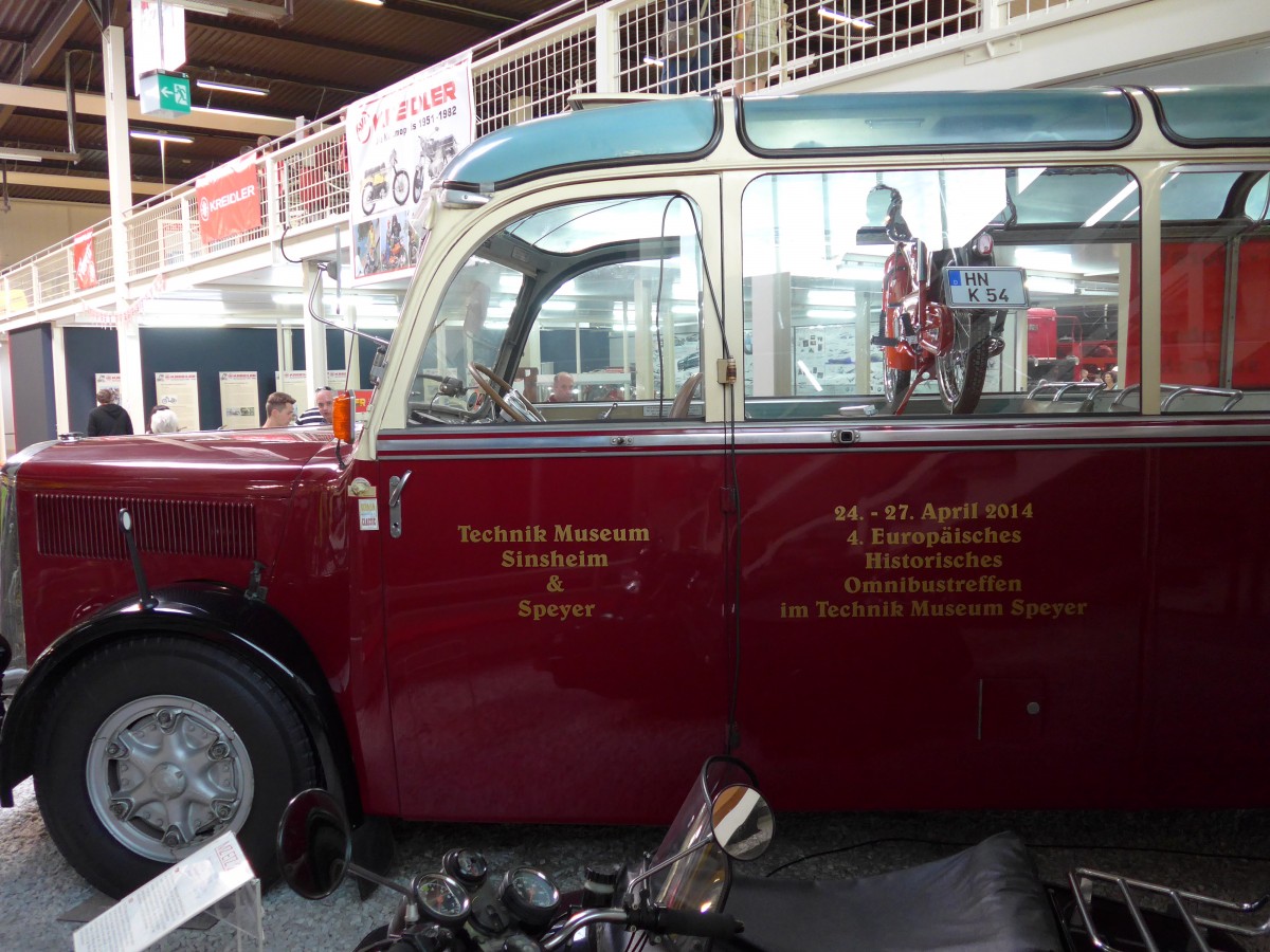 (149'959) - Museum, Sinsheim - Nr. 2 - Saurer/R&J (ex Renndienst-Fahrzeug; ex Solr&Fontana, Ilanz) am 25. April 2014 in Sinsheim, Museum (Teilaufnahme)