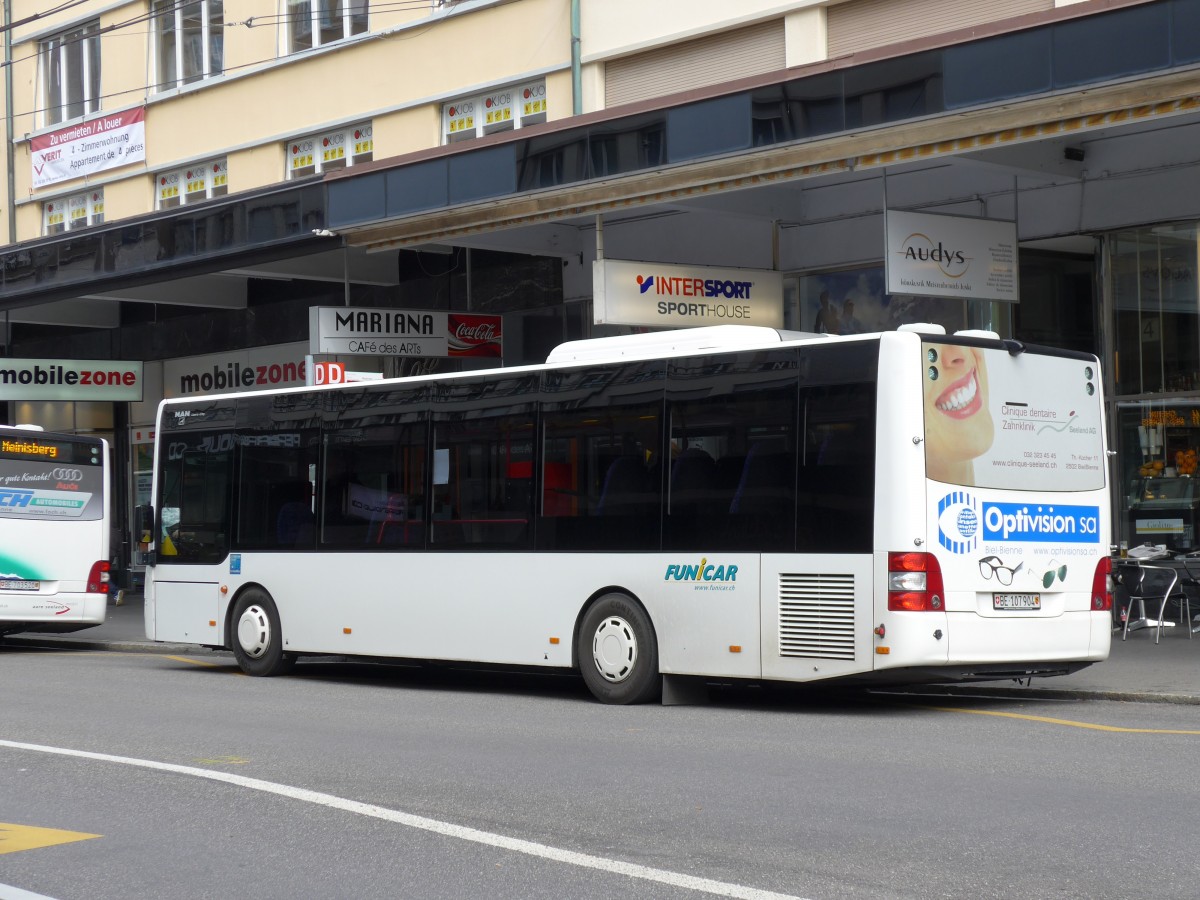 (151'068) - Funi-Car, Biel - Nr. 4/BE 107'904 - MAN/Gppel am 29. Mai 2014 beim Bahnhof Biel