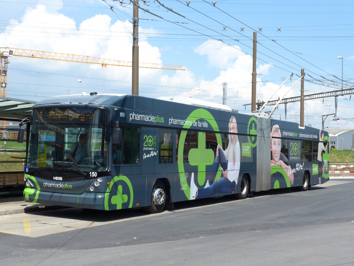 (151'471) - transN, La Chaux-de-Fonds - Nr. 150 - Hess/Hess Gelenktrolleybus (ex TN Neuchtel Nr. 150) am 12. Juni 2014 beim Bahnhof Marin 