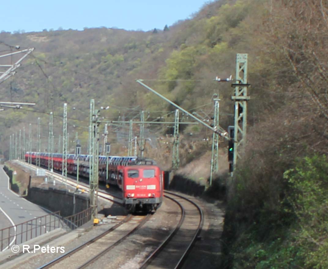 151er mit Autozug beim Loreley Betriebsbahnhof. 20.03.14