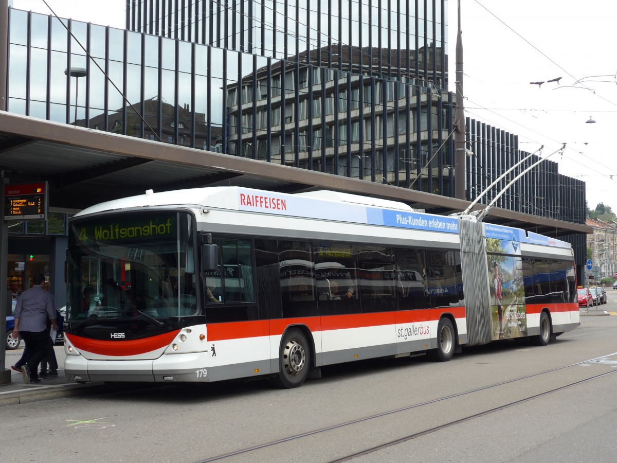 (154'198) - St. Gallerbus, St. Gallen - Nr. 179 - Hess/Hess Gelenktrolleybus am 20. August 2014 beim Bahnhof St. Gallen