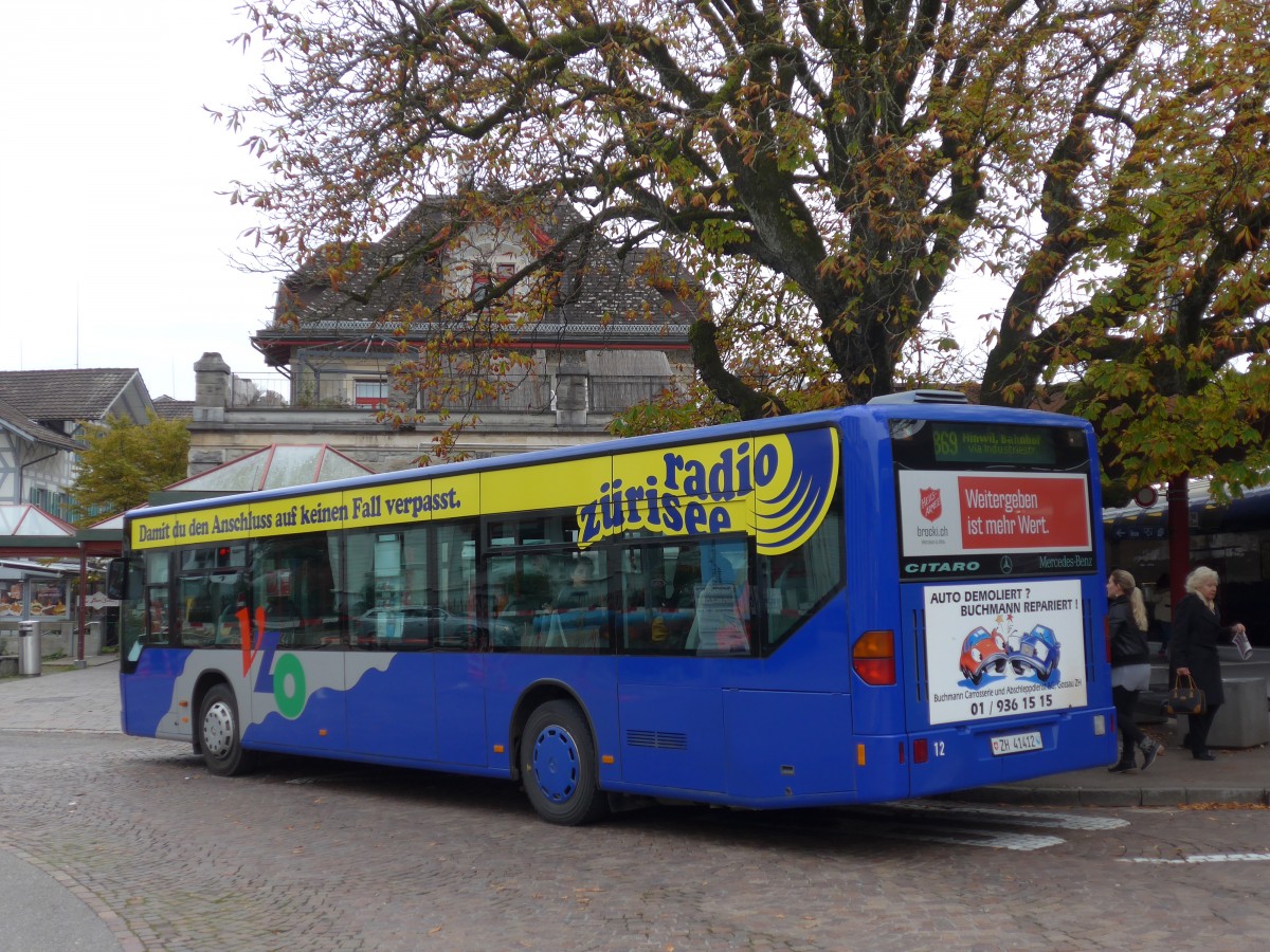 (156'202) - VZO Grningen - Nr. 12/ZH 41'412 - Mercedes am 28. Oktober 2014 beim Bahnhof Wetzikon