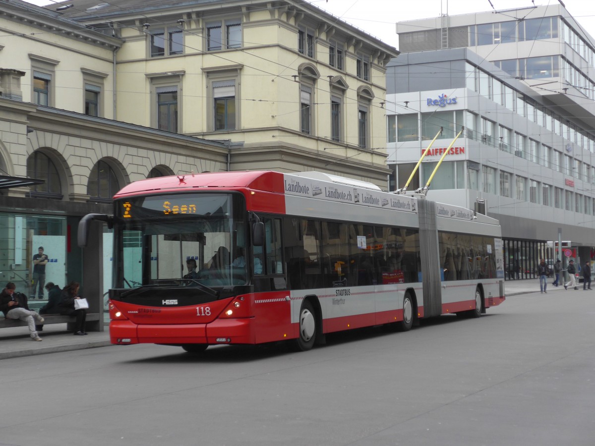 (157'525) - SW Winterthur - Nr. 118 - Hess/Hess Gelenktrolleybus am 26. November 2014 beim Hauptbahnhof Winterthur