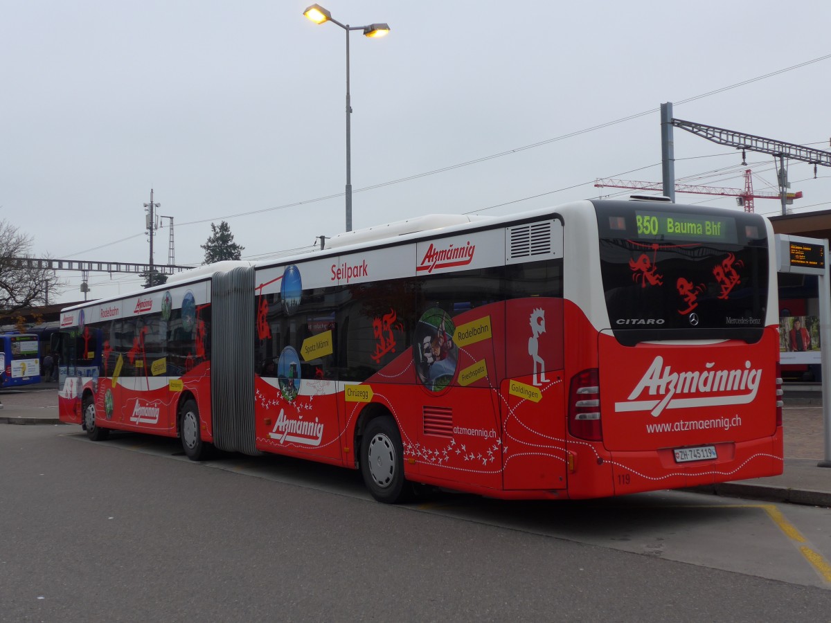 (157'539) - VZO Grningen - Nr. 119/ZH 745'119 - Mercedes am 26. November 2014 beim Bahnhof Wetzikon