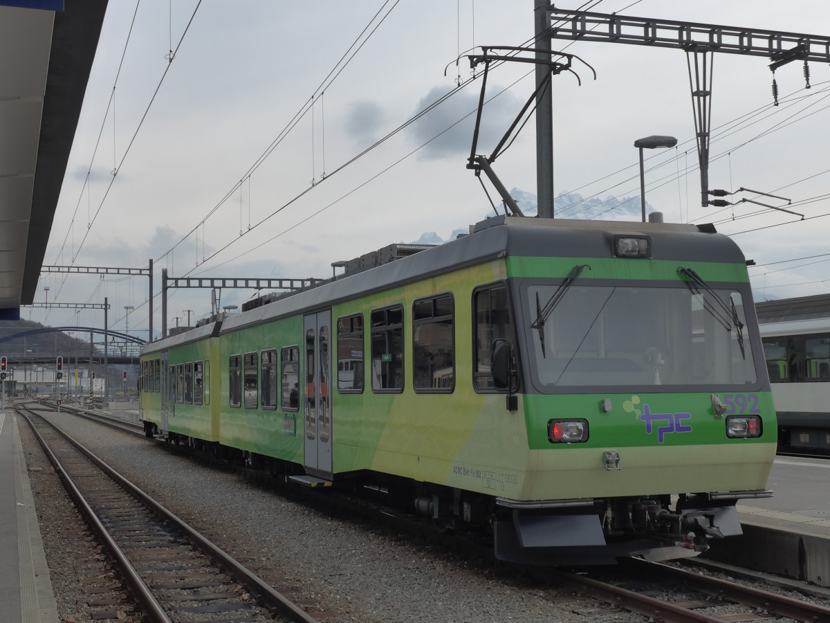 (158'916) - TPC Triebwagen - Nr. 592 - am 28. Februar 2015 im Bahnhof Aigle