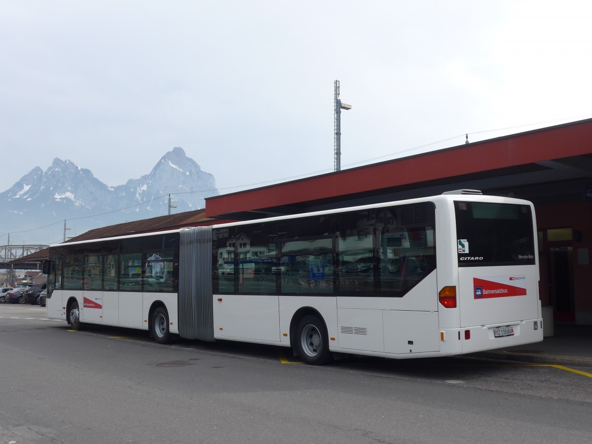 (159'220) - AAGS Schwyz - Nr. 84/SZ 118'684 - Mercedes (ex VR La Chaux-de-Fonds Nr. 228) am 17. Mrz 2015 beim Bahnhof Brunnen