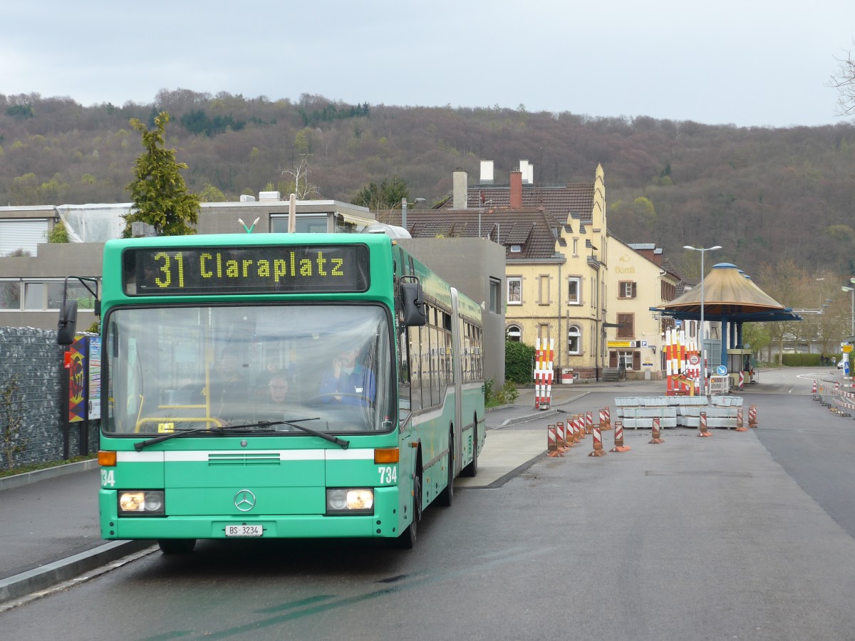 (159'813) - BVB Basel - Nr. 734/BS 3234 - Mercedes (ex VAG Freiburg/D Nr. 933) am 11. April 2015 in Riehen, Hrnli