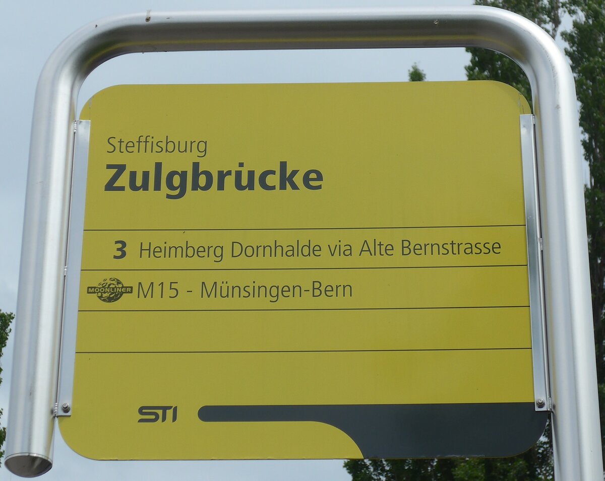 (160'728) - STI-Haltestellenschild - Steffisburg, Zulgbrcke - am 23. Mai 2015