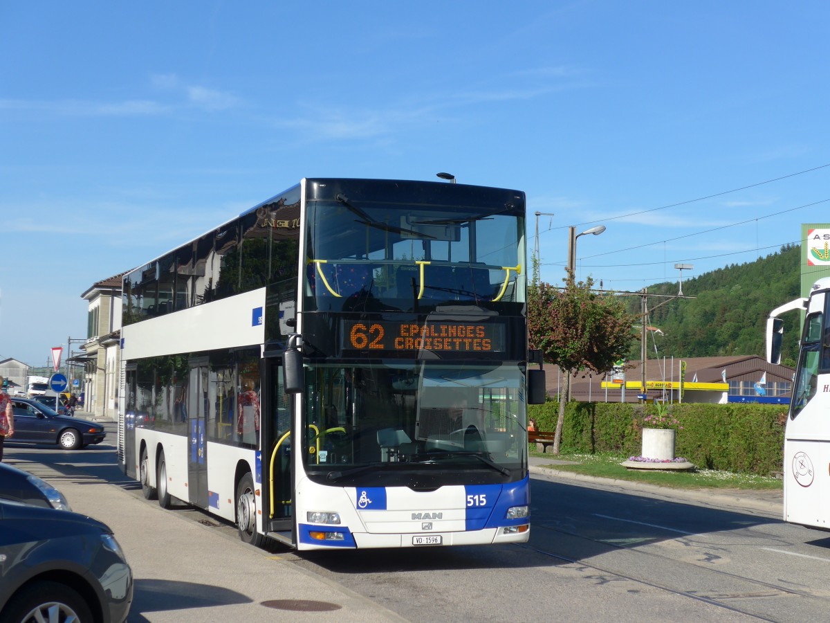 (161'399) - TL Lausanne - Nr. 515/VD 1596 - MAN am 28. Mai 2015 beim Bahnhof Moudon