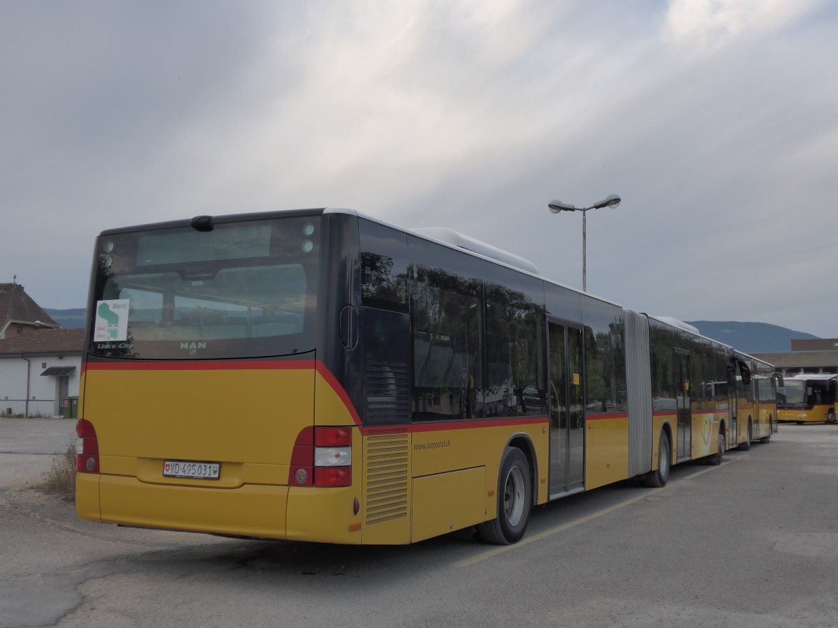 (163'050) - CarPostal Ouest - VD 495'031 - MAN am 12. Juli 2015 in Yverdon, Garage